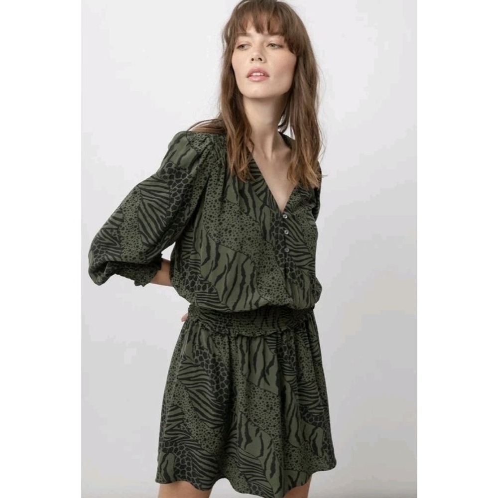 Rails Zana Animal Print Mini Dress‎ XL Olive Zebra Leopard Boho Smocked